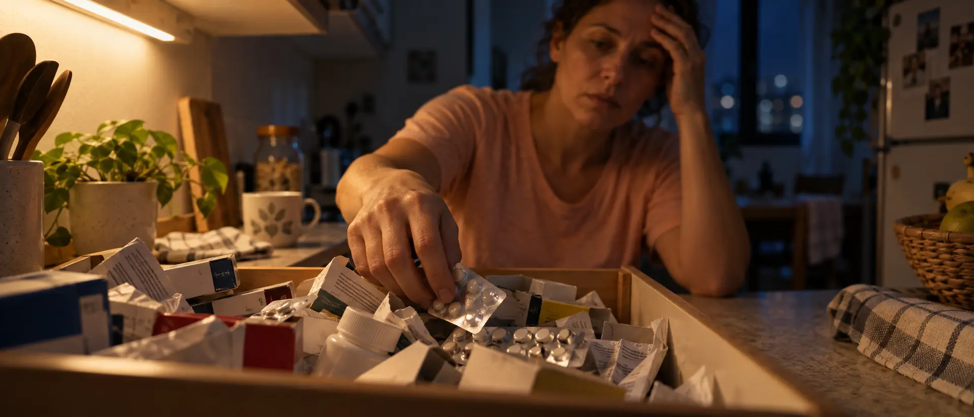 Embalagens de medicamentos sobrepostas dentro de uma caixa doméstica.